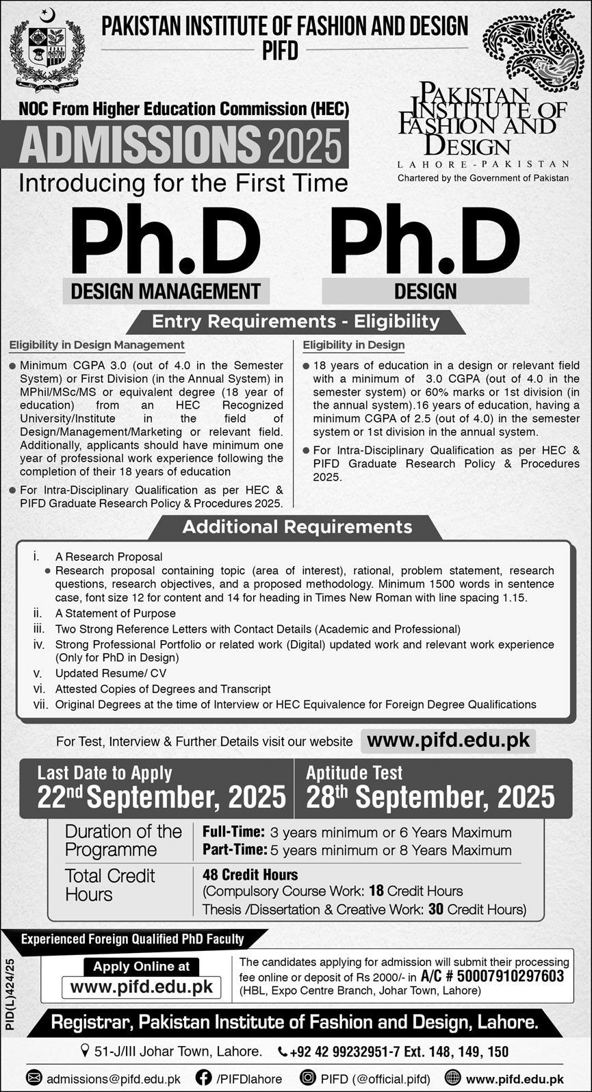Admission Open in Pakistan Institute of Fashion & Design